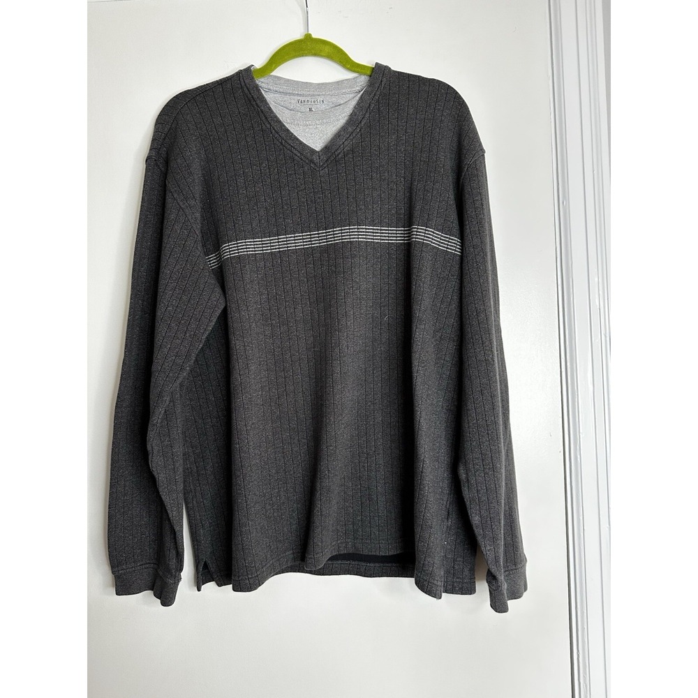 NWOT Van Heusen Sweater Faux Shirt Pullover Crew Gray Ribbed White Striped XL
